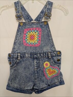 Kids Boho Denim Short Overalls w/ Crochet Patch Size 5